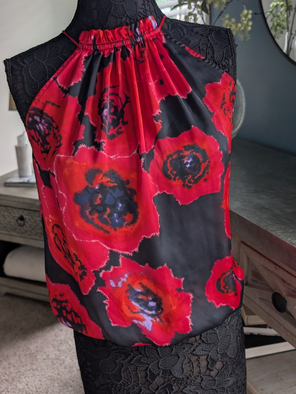 Violet & Claire Red and Black Floral Halter Tank Top